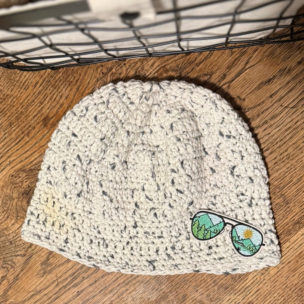 Handmade “The ‘Shades’ of Snow White Mountains” Crochet Beanie w Sunglass Patch